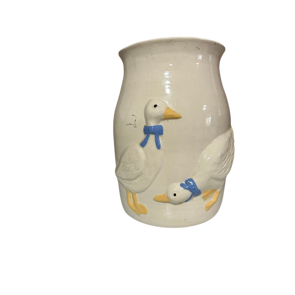 Vintage Country Goose Ceramic Canister Crock Blue Bow 8” Cottagecore Kitchen